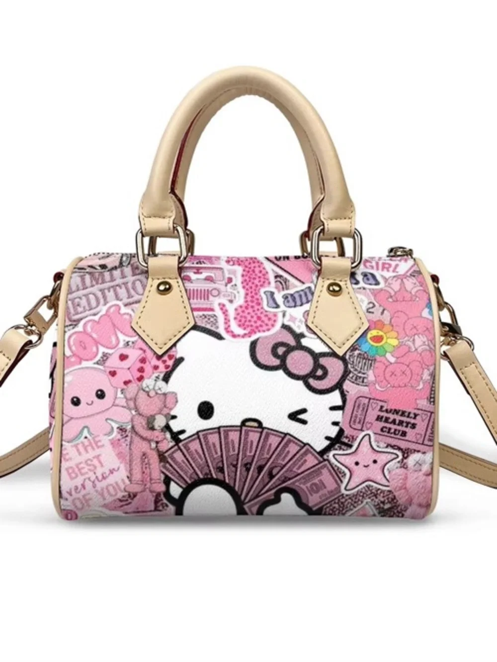 Pink Hello Kitty Graphic Satchel Bag with Beige Handles